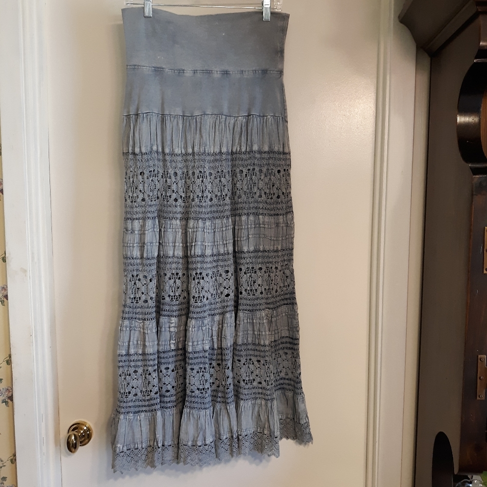 NOELLE DUSTY BLUE BATIK  PEASANT SKIRT, S/M